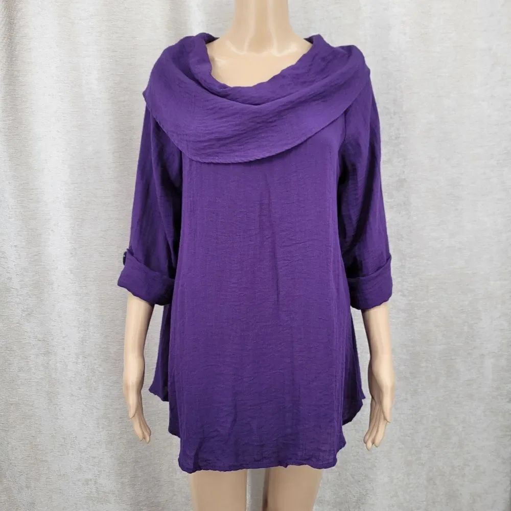 Yushi Clothing Royal Purple 3/4 Sleeve Cowl Neck Tunic Women's Small Oversized